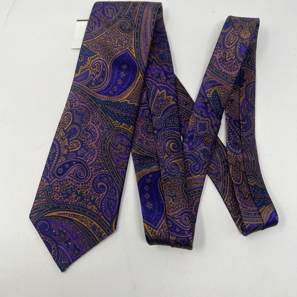 Trafalgar Men's 100% Silk Paisley Necktie Purple Gold Luxury - Picture 8 of 12